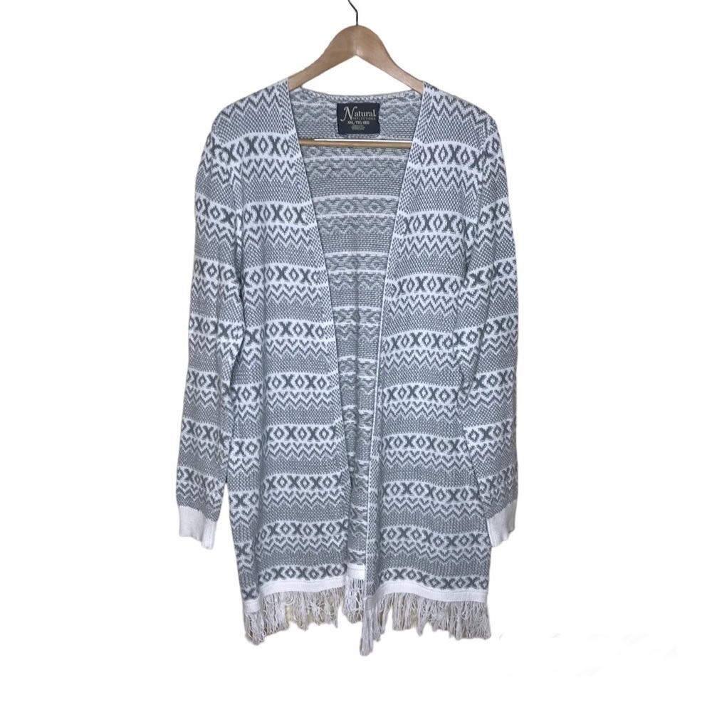 Natural Reflections Womens XXL Sweater Cardigan Gray Open Front Fringe Hem Boho